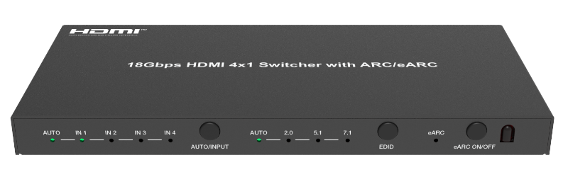 4x1 HDMI Switch, 18Gbps, 4K/60Hz, YUV 4:4:4, HDR, ARC