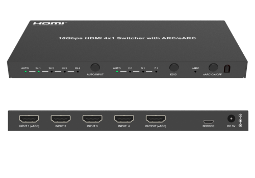 4x1 HDMI Switch, 18Gbps, 4K/60Hz, YUV 4:4:4, HDR, ARC